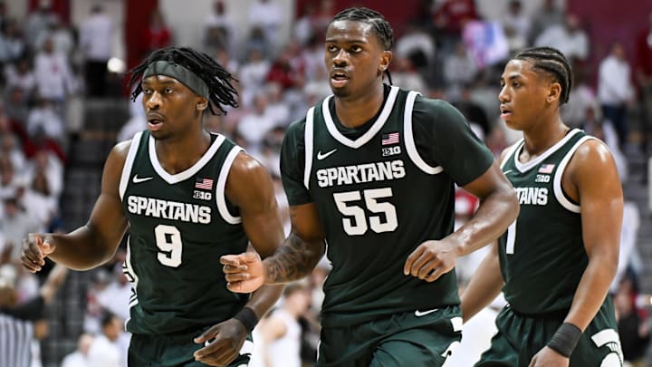 Mar 1, 2026; Bloomington, Indiana, USA; Michigan State Spartans guard Trey Fort (9), forward Coen Carr (55) and guard Jeremy Fears Jr. (1) walks off the court during halftime against the Indiana Hoosiers at Simon Skjodt Assembly Hall. Mandatory Credit: Robert Goddin-Imagn Images