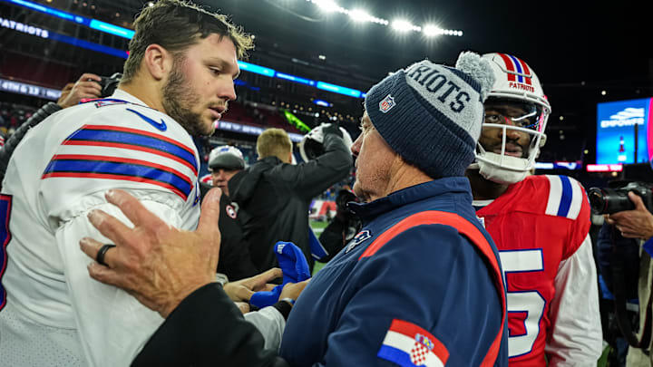 Dec 1, 2022; Foxborough, Massachusetts, USA; Buffalo Bills quarterback Josh Allen (17) and New