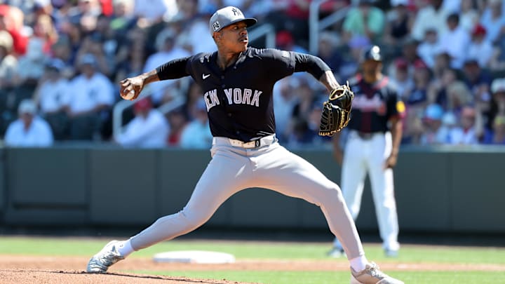 Mar 2, 2025; North Port, Florida, USA; New York Yankees starting pitcher Marcus Stroman (0) throws a pitch during the first inning against the Atlanta Braves at CoolToday Park. Mar 2, 2025; North Port, Florida, USA; New York Yankees starting pitcher Marcus Stroman (0) throws a pitch during the first inning against the Atlanta Braves at CoolToday Park.