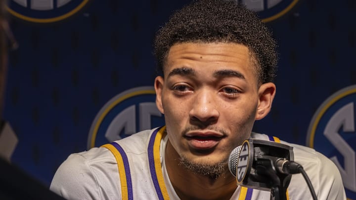 Oct 15, 2025; Birmingham, AL, USA; LSU Tigers forward Jalen Reed talks with the media during SEC Media Days at Grand Bohemian Hotel. Mandatory Credit: Vasha Hunt-Imagn Images