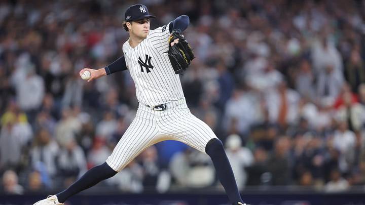 Sep 29, 2026; Bronx, New York, USA; New York Yankees pitcher Cam Schlittler (31) pitches against the Boston Red Sox in the first inning during game one of the Wild Card round for the 2026 MLB playoffs at Yankee Stadium. Mandatory Credit: Brad Penner-Imagn Images