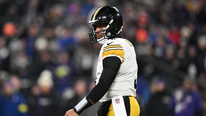 Jan 11, 2025; Baltimore, Maryland, USA; Pittsburgh Steelers quarterback Russell Wilson (3) looks on in the first quarter against the Baltimore Ravens in an AFC wild card game at M&T Bank Stadium. Mandatory Credit: Tommy Gilligan-Imagn Images