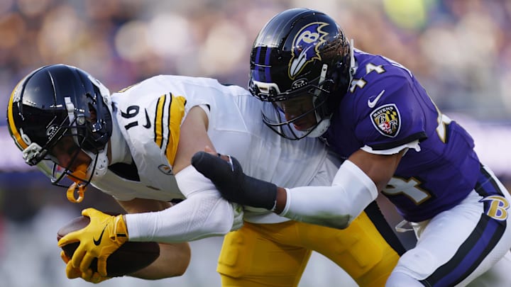 Dec 7, 2025; Baltimore, Maryland, USA; Pittsburgh Steelers wide receiver Adam Thielen (16) makes a catch against Baltimore Ravens cornerback Marlon Humphrey (44) during the first half at M&T Bank Stadium. Mandatory Credit: Peter Casey-Imagn Images