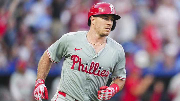 Aug 24, 2024; Kansas City, Missouri, USA; Philadelphia Phillies catcher J.T. Realmuto (10) rounds the bases after hitting a home run during the eighth inning against the Kansas City Royals at Kauffman Stadium