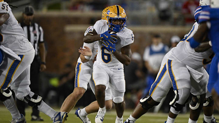 Nov 2, 2024; Dallas, Texas, USA; Pittsburgh Panthers running back Rodney Hammond Jr. (6) in action during the game between the Southern Methodist Mustangs and the Pittsburgh Panthers at Gerald J. Ford Stadium. Mandatory Credit: Jerome Miron-Imagn Images