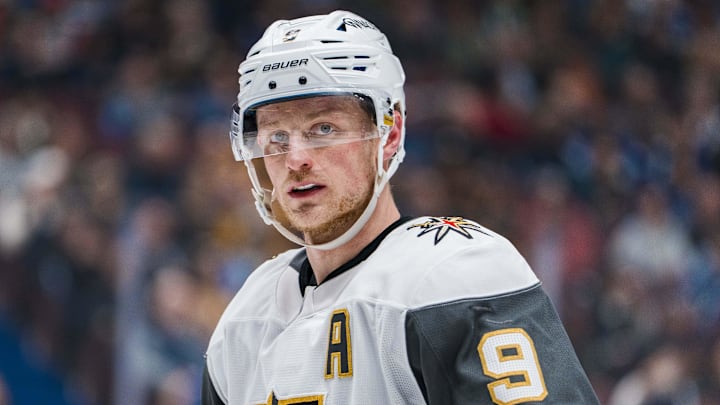 Apr 6, 2025; Vancouver, British Columbia, CAN; Vegas Golden Knights forward Jack Eichel (9) during a stop in play against the Vegas Golden Knights in the third period at Rogers Arena. Mandatory Credit: Bob Frid-Imagn Images