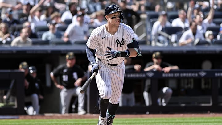 May 19, 2024; Bronx, New York, USA; New York Yankees outfielder Aaron Judge (99) hits a two run home