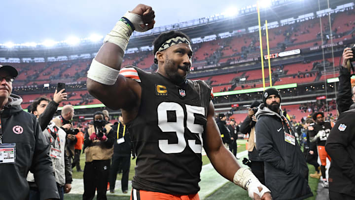 Dec 28, 2025; Cleveland, Ohio, USA; Cleveland Browns defensive end Myles Garrett (95) exits the field after the game against the Pittsburgh Steelers at Huntington Bank Field. Mandatory Credit: Ken Blaze-Imagn Images