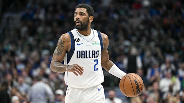 Feb 23, 2023; Dallas, Texas, USA; Dallas Mavericks guard Kyrie Irving (2) in action during the game