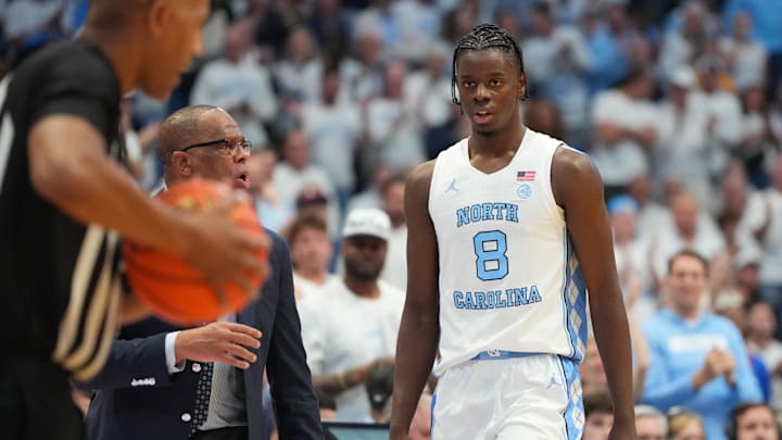 Nov 7, 2025; Chapel Hill, North Carolina, USA;  North Carolina Tar Heels forward Caleb Wilson (8) on the court in the first half at Dean E. Smith Center. Mandatory Credit: Bob Donnan-Imagn Images