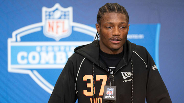Ohio State wideout Carnell Tate (WO37) speaks to members of the media during the NFL Combine at the Indiana Convention Center.