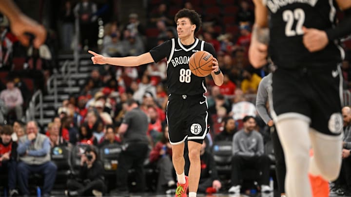 Jan 18, 2026; Chicago, Illinois, USA; Brooklyn Nets guard Nolan Traore (88) dribbles against the Chicago Bulls during the second half at United Center. Mandatory Credit: Patrick Gorski-Imagn Images