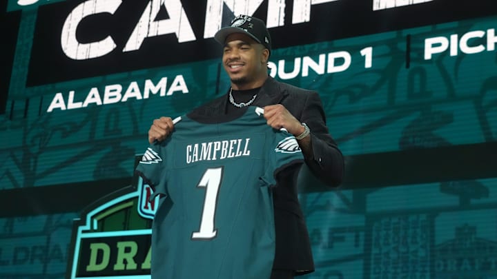 Apr 24, 2025; Green Bay, WI, USA; Alabama Crimson Tide linebacker Jihaad Campbell is selected by the Philadelphia Eagles as the number 31 pick in the first round of the 2025 NFL Draft at Lambeau Field. Mandatory Credit: Kirby Lee-Imagn Images