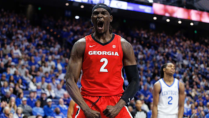 Feb 17, 2026; Lexington, Kentucky, USA; Georgia Bulldogs center Somto Cyril (2) celebrates after dunking the ball during the first half against the Kentucky Wildcats at Rupp Arena at Central Bank Center. Mandatory Credit: Jordan Prather-Imagn Images Feb 17, 2026; Lexington, Kentucky, USA; Georgia Bulldogs center Somto Cyril (2) celebrates after dunking the ball during the first half against the Kentucky Wildcats at Rupp Arena at Central Bank Center. Mandatory Credit: Jordan Prather-Imagn Images