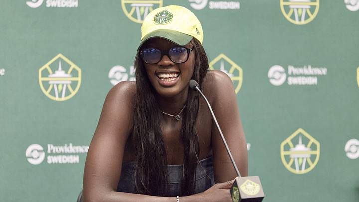 May 22, 2026; Seattle, Washington, USA; Seattle Storm center Awa Fam talks to the media before playing Connecticut Sun at Climate Pledge Arena. Mandatory Credit: John Froschauer-Imagn Images