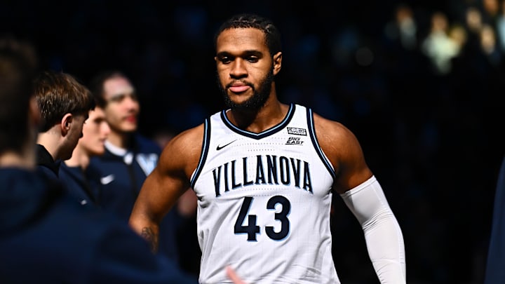 Mar 9, 2024; Philadelphia, Pennsylvania, USA; Villanova Wildcats forward Eric Dixon (43) is introduced before the game against the Creighton Bluejays at Wells Fargo Center. Mandatory Credit: Kyle Ross-Imagn Images