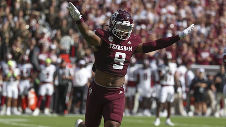 Nov 15, 2025; Texas A&M Aggies defensive end Cashius Howell (9) reacts after a defensive play during the first quarter against the South Carolina Gamecocks at Kyle Field. Nov 15, 2025; Texas A&M Aggies defensive end Cashius Howell (9) reacts after a defensive play during the first quarter against the South Carolina Gamecocks at Kyle Field.