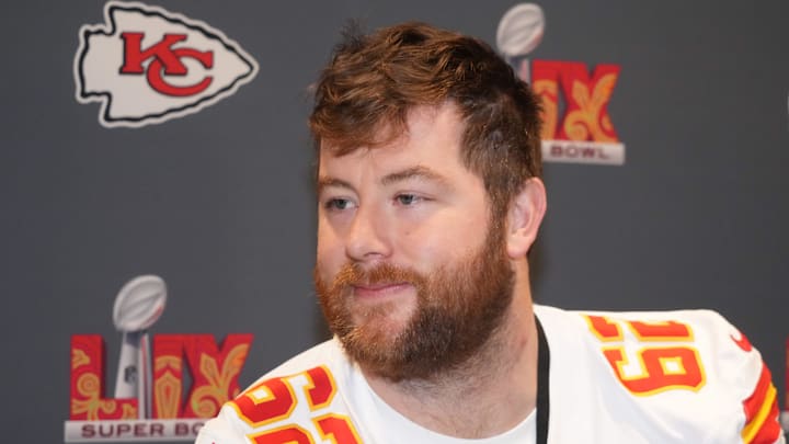 Feb 4, 2025; New Orleans, LA, USA;  Kansas City Chiefs guard Joe Thuney (62) at a press conference in advance of Super Bowl LIX at New Orleans Marriott. Mandatory Credit: Kirby Lee-Imagn Images
