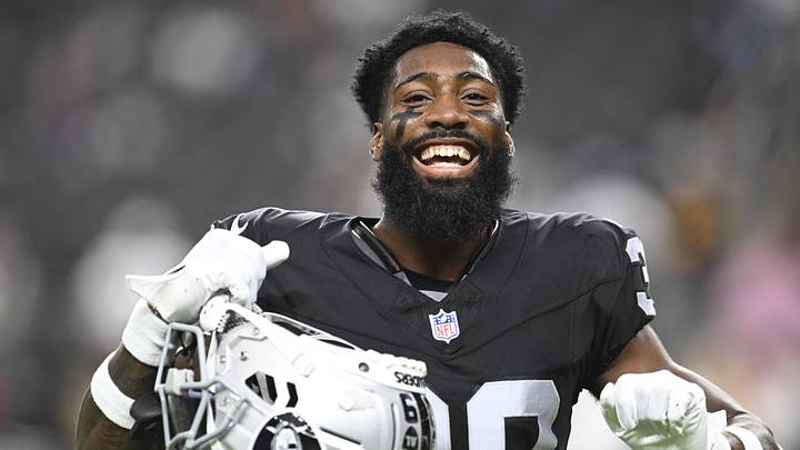 Aug 17, 2024; Paradise, Nevada, USA;  Las Vegas Raiders cornerback Nate Hobbs (39) dances during warmup against the Dallas Cowboys at Allegiant Stadium. Mandatory Credit: Candice Ward-Imagn Images