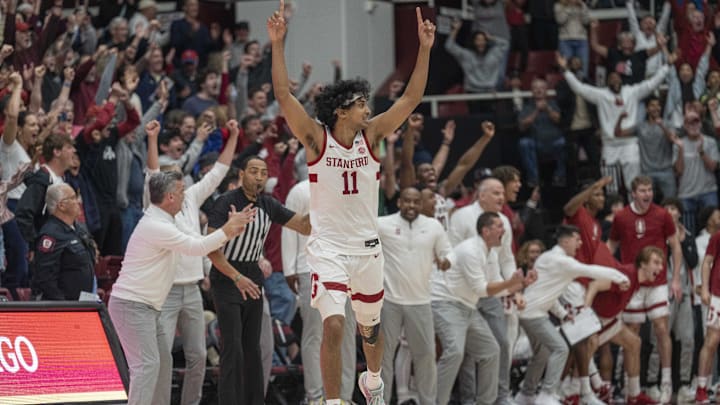 Mar 1, 2025; Stanford, California, USA; Stanford Cardinal guard Ryan Agarwal (11) reacts with the crowd during the second half against the Southern Methodist Mustangs at Maples Pavilion. Mandatory Credit: Stan Szeto-Imagn Images Mar 1, 2025; Stanford, California, USA; Stanford Cardinal guard Ryan Agarwal (11) reacts with the crowd during the second half against the Southern Methodist Mustangs at Maples Pavilion. Mandatory Credit: Stan Szeto-Imagn Images