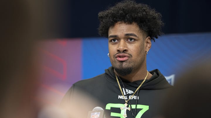 Mar 1, 2025; Indianapolis, IN, USA; Ohio State University offensive lineman Josh Simmons (OL37) answers questions at a press conference during the 2025 NFL Combine at Indiana Convention Center. Mandatory Credit: Jacob Musselman-Imagn Images