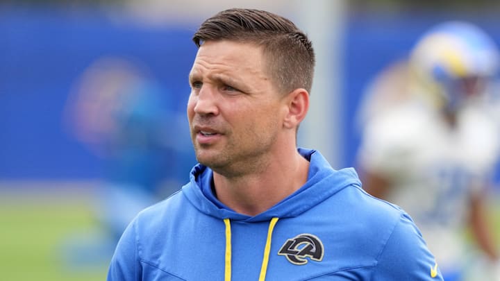 May 28, 2025; Woodland Hills, CA, USA; Los Angeles Rams defensive coordinator Chris Shula during organized team activities at Rams Practice Facility. Mandatory Credit: Kirby Lee-Imagn Images