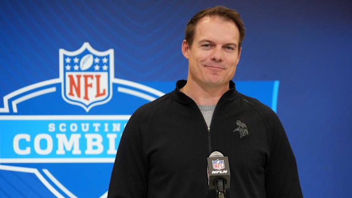 Feb 25, 2025; Indianapolis, IN, USA; Minnesota Vikings coach Kevin O'Connell speaks during the NFL Scouting Combine at the Indiana Convention Center. Feb 25, 2025; Indianapolis, IN, USA; Minnesota Vikings coach Kevin O'Connell speaks during the NFL Scouting Combine at the Indiana Convention Center.