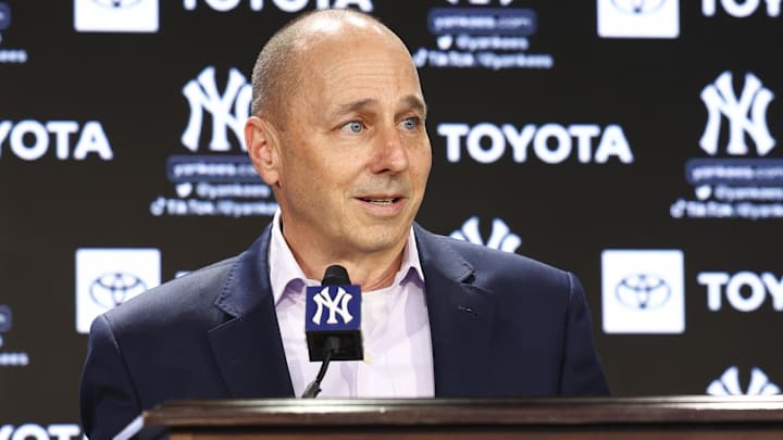 Dec 21, 2022; Bronx, New York, USA; Brian Cashman speaks during a press conference at Yankee Stadium. Mandatory Credit: Jessica Alcheh-Imagn Images
