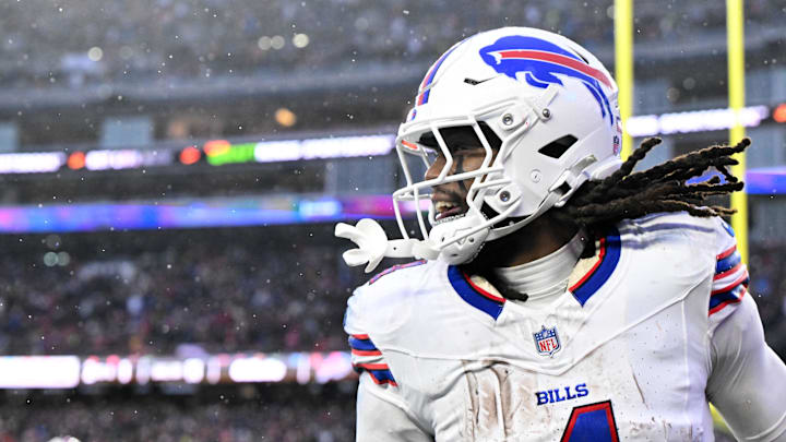 Buffalo Bills running back James Cook III reacts after scoring a touchdown against the New England Patriots. Buffalo Bills running back James Cook III reacts after scoring a touchdown against the New England Patriots.