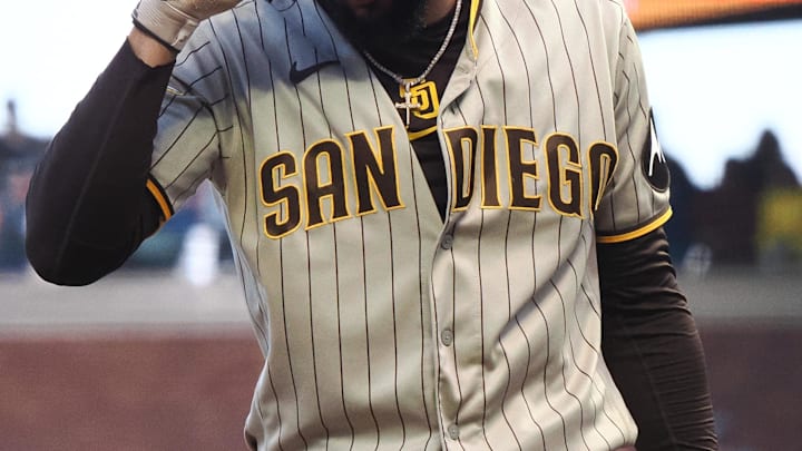 Jun 21, 2023; San Francisco, California, USA; San Diego Padres right fielder Fernando Tatis Jr. (23) holds his helmet after a strike against the San Francisco Giants during the fifth inning at Oracle Park. Mandatory Credit: Kelley L Cox-Imagn Images Jun 21, 2023; San Francisco, California, USA; San Diego Padres right fielder Fernando Tatis Jr. (23) holds his helmet after a strike against the San Francisco Giants during the fifth inning at Oracle Park. Mandatory Credit: Kelley L Cox-Imagn Images