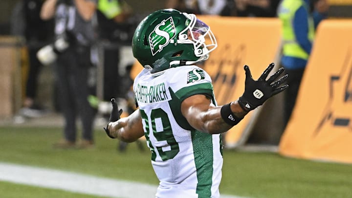 Saskatchewan Rough Riders wide receiver Kian Baker (89) celebrates.