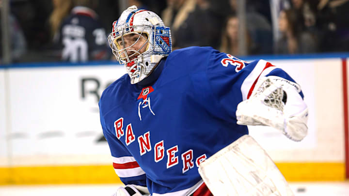 Dec 8, 2024; New York, New York, USA; New York Rangers goalie Dylan Garand (33) warms up before a game against the Seattle Kraken at Madison Square Garden. Mandatory Credit: Danny Wild-Imagn Images