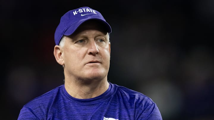 Dec 26, 2024; Phoenix, AZ, USA; Kansas State Wildcats head coach Chris Klieman prior to the game against the Rutgers Scarlet Knights during the Rate Bowl at Chase Field. Mandatory Credit: Mark J. Rebilas-Imagn Images