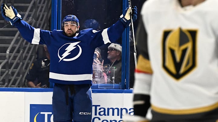 Dec 21, 2023; Tampa, Florida, USA; Tampa Bay Lightning left wing Nicholas Paul (20) celebrates after