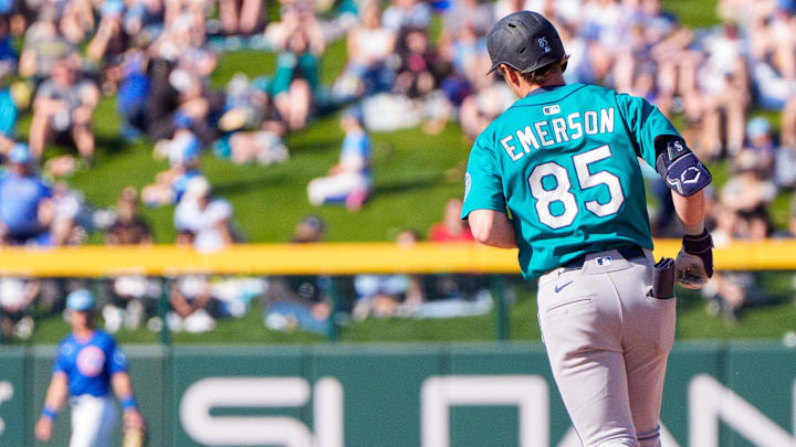 Seattle Mariners infielder Colt Emerson hits a home run during a spring training game against the Chicago Cubs on March 8 at Sloan Park.