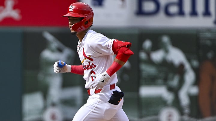 May 22, 2024; St. Louis, Missouri, USA; St. Louis Cardinals shortstop Masyn Winn (0) run the bases after hitting a solo home run against the Baltimore Orioles during the seventh inning at Busch Stadium. Mandatory Credit: Jeff Curry-USA TODAY Sports May 22, 2024; St. Louis, Missouri, USA; St. Louis Cardinals shortstop Masyn Winn (0) run the bases after hitting a solo home run against the Baltimore Orioles during the seventh inning at Busch Stadium. Mandatory Credit: Jeff Curry-USA TODAY Sports