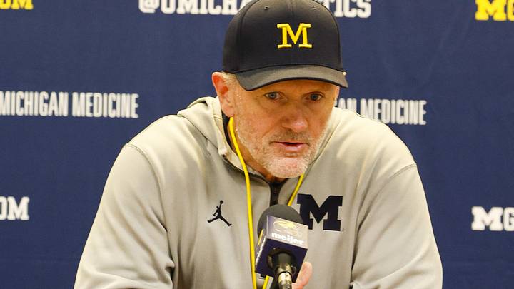 Apr 18, 2026; Ann Arbor, MI, USA; Michigan Wolverines head coach Kyle Whittingham gives remarks following the spring game at Michigan Stadium. Mandatory Credit: Brian Bradshaw Sevald-Imagn Images Apr 18, 2026; Ann Arbor, MI, USA; Michigan Wolverines head coach Kyle Whittingham gives remarks following the spring game at Michigan Stadium. Mandatory Credit: Brian Bradshaw Sevald-Imagn Images