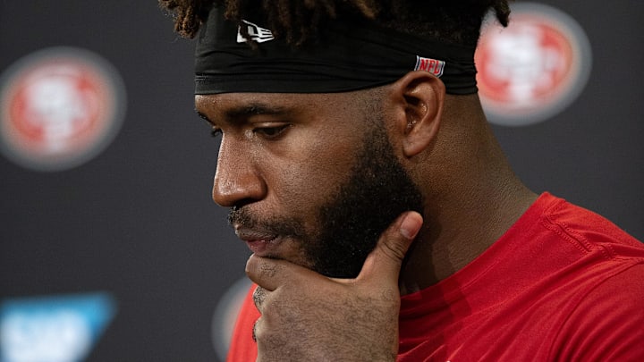 Jun 11, 2025; Santa Clara, CA, USA; San Francisco 49ers defensive end Bryce Huff (47) speaks to the media following a team OTA at Levi's Stadium. Mandatory Credit: D. Ross Cameron-Imagn Images Jun 11, 2025; Santa Clara, CA, USA; San Francisco 49ers defensive end Bryce Huff (47) speaks to the media following a team OTA at Levi's Stadium. Mandatory Credit: D. Ross Cameron-Imagn Images