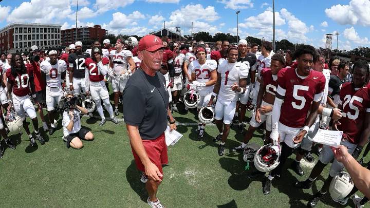 8/11/26 MFB Fall Camp Practice 6 Alabama Football Head Coach Kalen DeBoer with Team and Band visit Photo by Kent Gidley 8/11/26 MFB Fall Camp Practice 6 Alabama Football Head Coach Kalen DeBoer with Team and Band visit Photo by Kent Gidley
