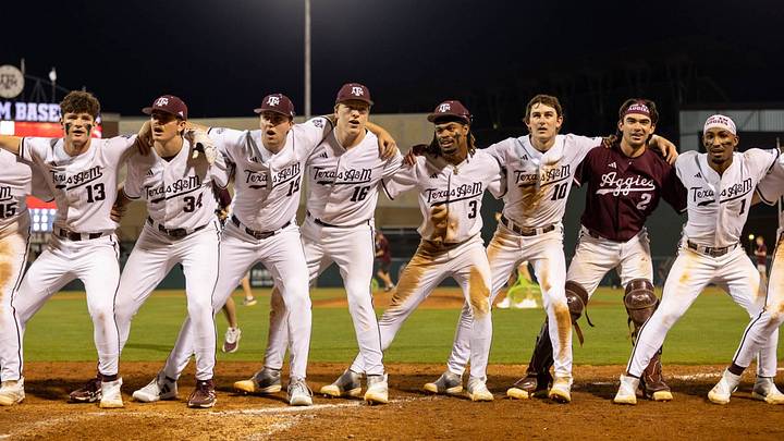 Texas A&M Aggies sing the War Hymm after the inaugural First Pitch scrimmage on Saturday, Feb. 8, 2025. 