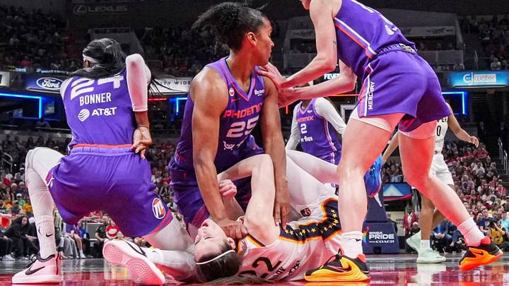 Caitlin Clark took Alyssa Thomas’s fist to her neck in a play that was not called for a foul on Wednesday. 