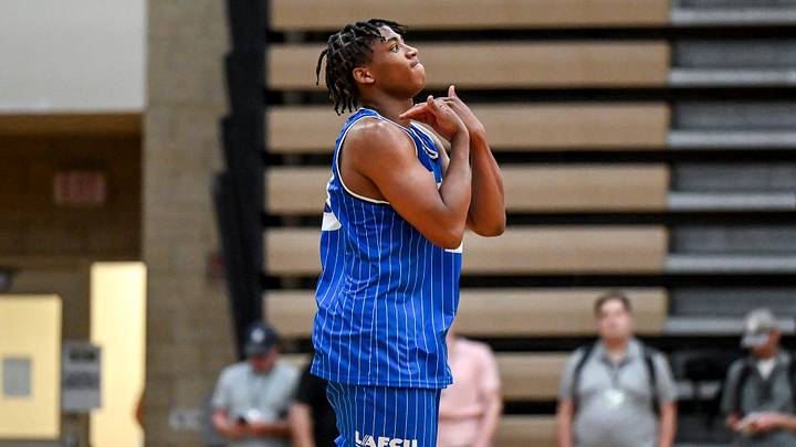 Team LAFCU and Michigan State's Jeremy Fears celebrates after a 3-pointer against Team Tri-Star during the Moneyball Pro-Am on Tuesday, June 23, 2026, at Holt High School.