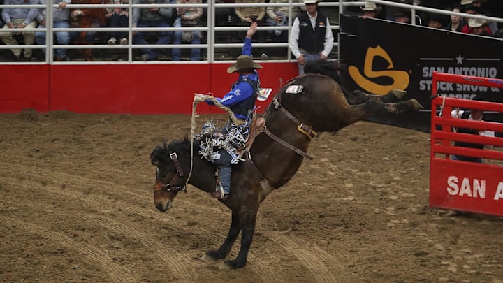 A saddle bronc rider at the San Antonio Stock Show and Rodeo