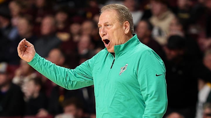 Dec 4, 2024; Minneapolis, Minnesota, USA; Michigan State Spartans head coach Tom Izzo reacts during the first half against the Minnesota Golden Gophers at Williams Arena. Mandatory Credit: Matt Krohn-Imagn Images