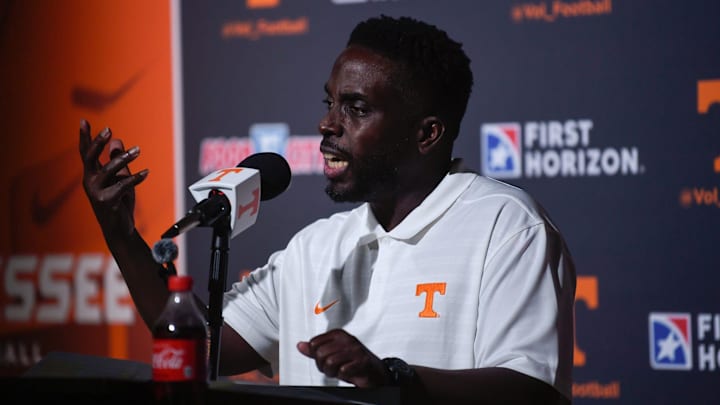 University of Tennessee football's defensive coordinator Tim Banks speaks to the press on media day at the campus in Knoxville, Tuesday, July 30, 2024. University of Tennessee football's defensive coordinator Tim Banks speaks to the press on media day at the campus in Knoxville, Tuesday, July 30, 2024.