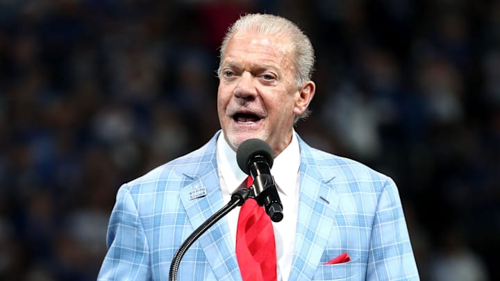 Jim Irsay speaks as Peyton Manning and Edgerrin James receive their Hall of Fame rings in 2021.