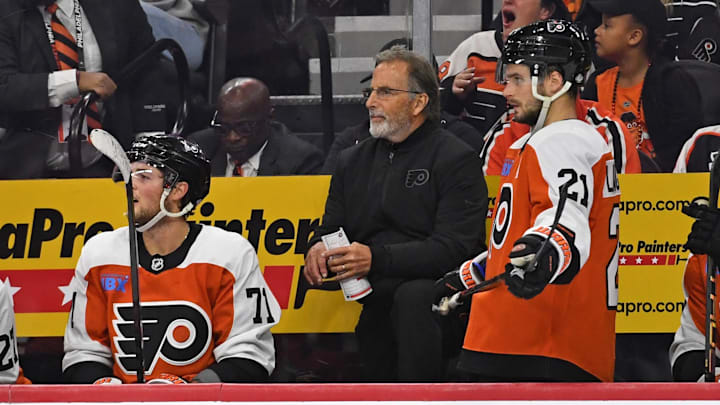 Oct 27, 2024; Philadelphia, Pennsylvania, USA; Philadelphia Flyers head coach John Tortorella on the bench against the Montreal Canadiens during the second period at Wells Fargo Center. Mandatory Credit: Eric Hartline-Imagn Images