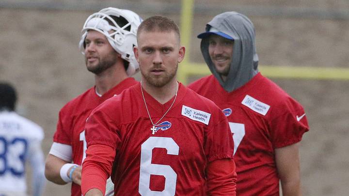 Bills quarterbacks Shane Buechele (6), Kyle Allen, left, and Josh Allen head to the next set of drills during the opening day of Buffalo Bills training camp at St. John Fisher University Wednesday, July 29, 2026 in Pittsford.