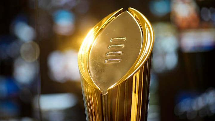 The College Football Playoff trophy inside the College Football Hall of Fame during media day for the Peach Bowl on Dec 29, 2022.