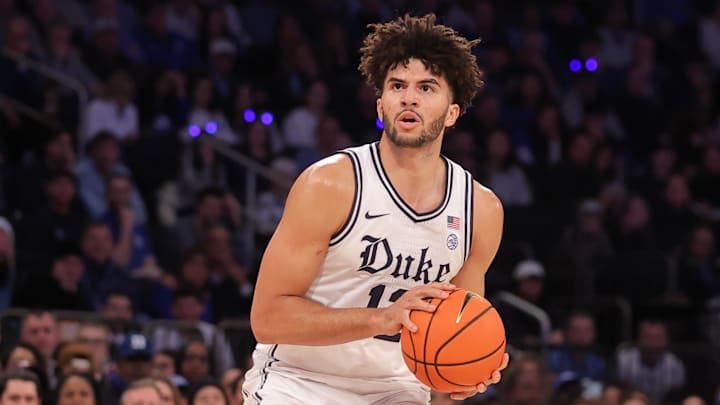 Dec 20, 2025; New York, New York, USA; Duke Blue Devils forward Cameron Boozer (12) looks to shoot the ball against the Texas Tech Red Raiders during the first half at Madison Square Garden. Mandatory Credit: Brad Penner-Imagn Images